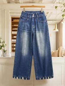 GlowEve Women's Pocket Button Casual Versatile Daily Wear Wide Leg Jeans - Blue - View 1