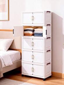 Armario de almacenamiento plegable ancho, caja de almacenamiento de armario de ropa, armario portátil para almacenamiento en el hogar, caja plegable de doble puerta, opcional de 1-5 capas, armario de almacenamiento con ruedas de doble puerta reforzado, estantería de doméstica gratuita, armario de almacenamiento plegable de plástico para organizar ropa y juguetes - Blanco - Ver 3