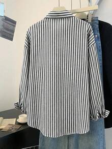 Franclia 女士条纹单排扣休闲百搭日常长袖衬衫 - 黑與白 - 查看 2