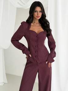 Firerie 女士优雅简约时尚通勤都市新款复古甜心领条纹腰部衬衫上衣和高腰阔腿裤两件套，酒红色 - 酒紅色 - 查看 6