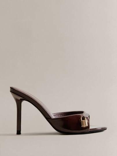 Hauture Women's Fashion Daily Versatile Slip-On Heeled Sandals With Lock Decor For Christmas