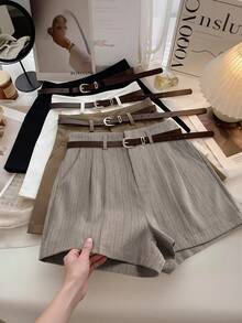 Franclia Petite Women's Casual Khaki Striped Loose Shorts, Suitable For Commuting And Outdoor Wear, Spring/Summer - Dark Grey - View 1