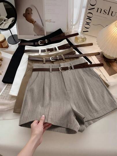 Franclia Petite Pantalones cortos holgados de mujer de rayas caqui, adecuados para ir al trabajo y uso al aire libre, primavera/verano