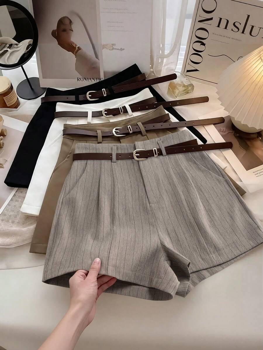 Franclia Petite Women's Casual Khaki Striped Loose Shorts, Suitable For Commuting And Outdoor Wear, Spring/Summer - Dark Grey - View 1