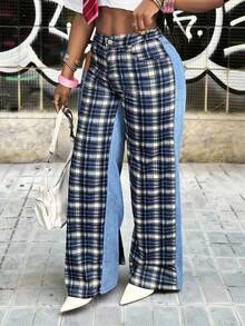 Slaydiva 女士高腰格子侧打结宽松阔腿牛仔裤 - 彩色 - 查看 6