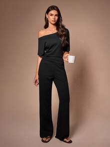 Lazeform Women's Summer Casual Black Loungewear Set,Solid Color Asymmetric Neck Ruched Waist Short Sleeve T-Shirt And Straight Leg Pants Curve Two Piece Set - Black - View 4