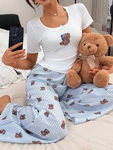 Napfluff Bộ đồ ngủ nữ hình gấu dễ thương, gồm áo ôm sát và quần rộng thoải mái có ren. - Xanh và trắng - Xem 3