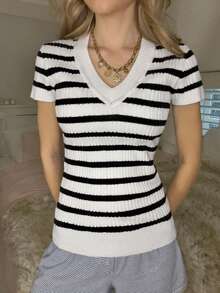 CovetEZ Women's V-Neck Striped Casual Versatile Daily Wear Knit Short Sleeve Top - Black and White - View 3