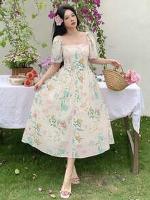 DAZY 法式碎花连衣裙，浪漫复古风夏季吊带裙，波西米亚度假装扮，女士 - 白色 - 查看 5