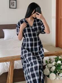 Summer Elegant Plaid Waist Cinching Dress, Japanese Style Loungewear - Navy Blue - View 5