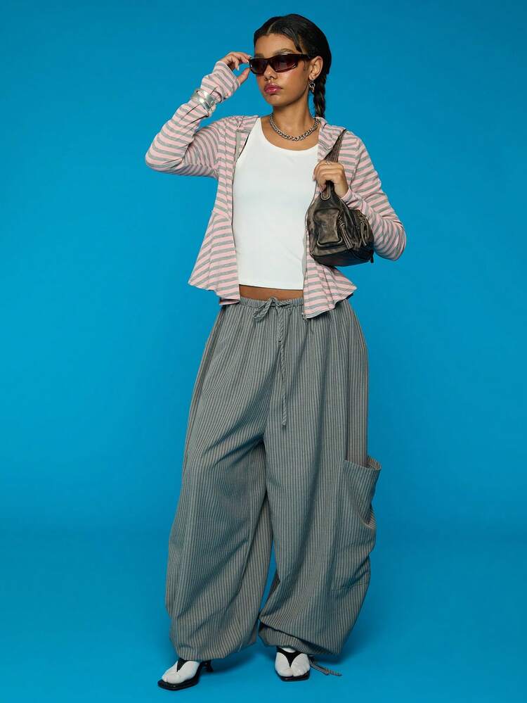 COUREZ Pantalones holgados tipo globo de tiro bajo con bolsillo lateral / Y2K primavera para mujeres, ropa de calle, pantalones beige para salir, fiesta, rave, festival, verano - Gris - Añade 1