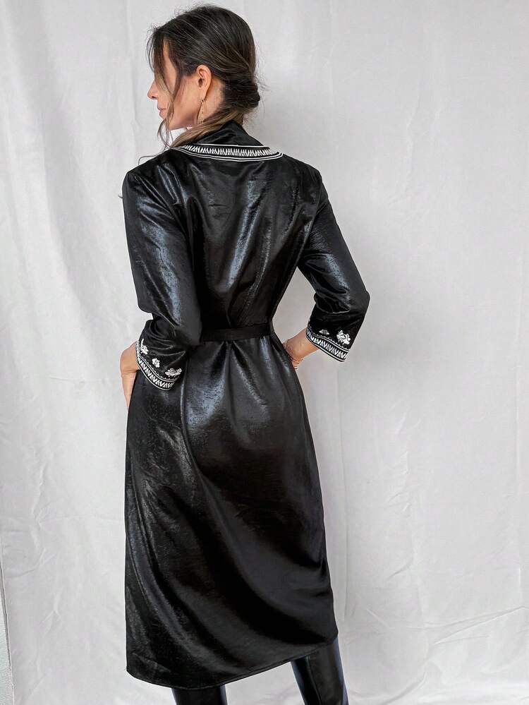 Women's V-Neck Floral Embroidery Pattern Midi Dress For Party And Occasion