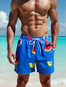 Manfinity Swimmode Men's Casual Watermelon Print Beach Shorts - Blue - View 5