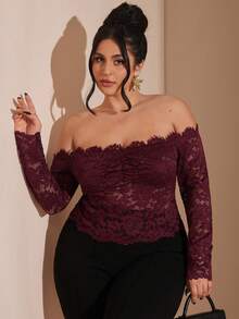SHEIN BAE 大码女式玫瑰木色短款蕾丝长袖露肩性感透视镂空露肩长袖上衣，酒红色，秋冬叠穿，圣诞节，情人节，女士情人节礼物 - 紅木色 - 查看 4