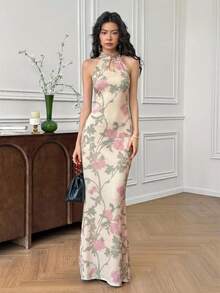 EastFlair Đầm maxi cổ yếm in hình bướm thanh lịch dành cho nữ mùa hè - Màu be - Xem 5