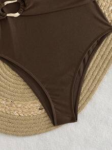 Swim Chiccia Women's Brown Pool Party One Shoulder Metal Accessories Belt Slimming Elegant Fashion One-Piece Swimsuit For Beach Music Festival - Brown - View 6