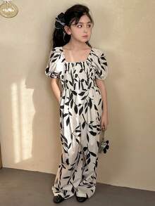 DAZY Tween Girl Vacation Plant Print Jumpsuit With Puff Sleeves, Loose Fit - Multicolor - View 5