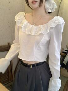 DAZY 女士荷叶边系带露背长袖衬衫 - 白色 - 查看 1