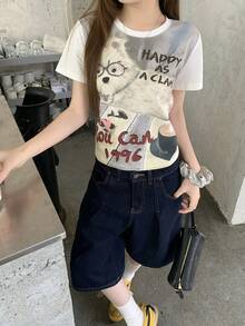 DAZY Women's Round Neck Cartoon Letter Print Casual Versatile Daily Wear Short Sleeve T-Shirt - Blue - View 1