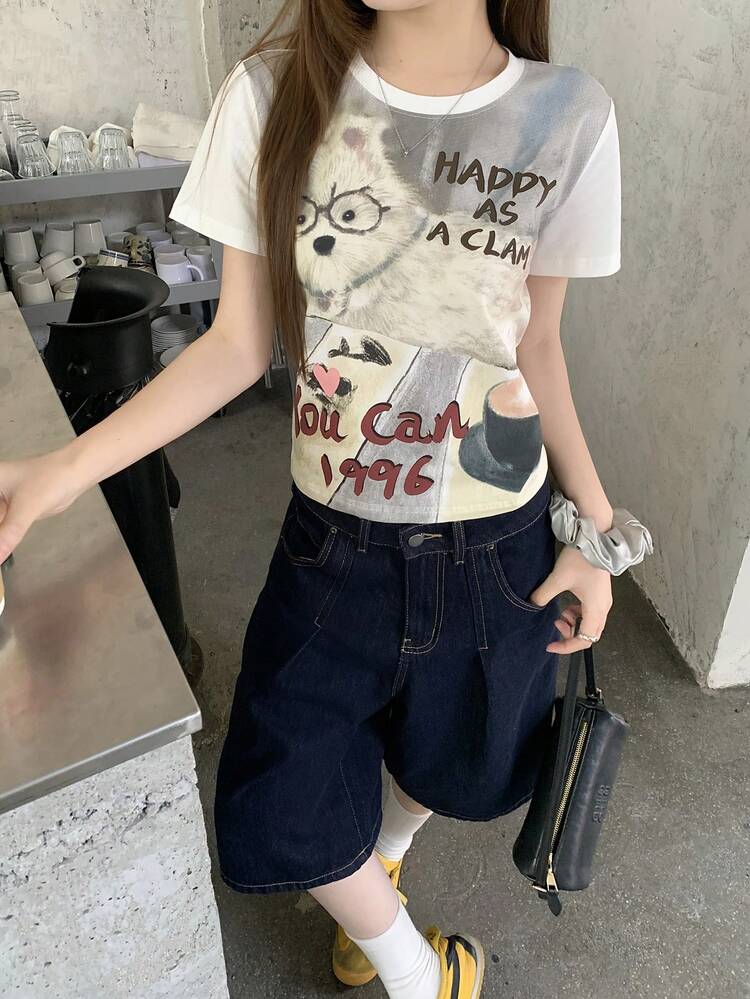 Women's Round Neck Cartoon Letter Print Casual Versatile Daily Wear Short Sleeve T-Shirt Graphic Tees Women Summer