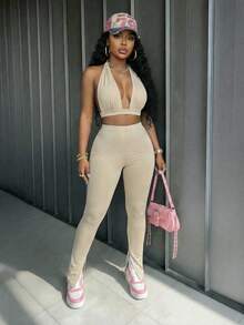 Slaydiva New Spring, Spring And Summer Music Festival, Valentine's Day, Easter Casual, Simple And Basic Style, Y2K Street Sweet, Hot , Cruise Vacation, Daily Date, Hot Girl Style, Sexy Party, Halter, Deep V-Neck, Large Backless Cut Short Vest + Tight Pants, Slit At The Hem, Light Khaki Suit, Women's Two Pieces Set -A - Khaki - View 3