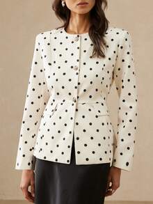 Aveloria Rosie French Elegant Lady Commuting Versatile Polka Dot Rhinestone Button Cinched Waist Long Sleeve Fitted Women Blazer - Beige - View 3