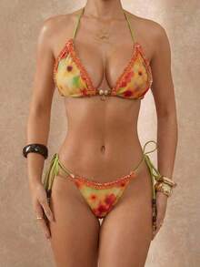 Lumalex 扎染花卉印花串珠配饰，小花朵吊坠，项链系绳，比基尼泳装两件套 - 彩色 - 查看 11