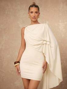 Lumalex 女士优雅休闲杏色圆领系带金属装饰纽扣无袖修身喇叭短连衣裙，春夏款 - 杏色 - 查看 2