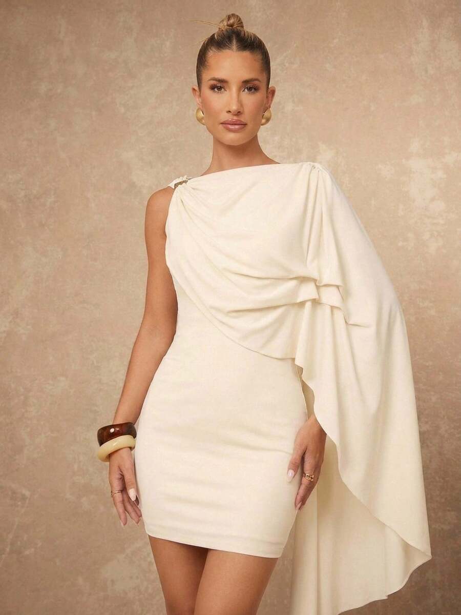 Lumalex 女士优雅休闲杏色圆领系带金属装饰纽扣无袖修身喇叭短连衣裙，春夏款