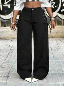 Slaydiva 女士高腰侧边系带阔腿宽松休闲牛仔裤 - 黑色 - 查看 4