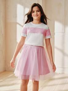Anewsta Tween Girl Colorblock Lace Patchwork T-Shirt And Mesh Skirt Set, Spring/Summer - Pink - View 3