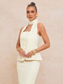 Lumalex Women's Elegant Apricot Sleeveless Cropped Top With Bow Tie Design + Women's Elegant Apricot Slit Fitted Skirt, Spring/Summer - Apricot - View 11