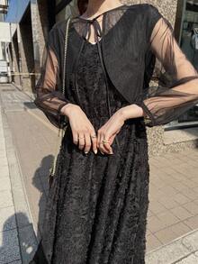 FRIFUL 纯色二合一纹理面料系带宽松休闲连衣裙，喇叭裙摆，可作吊带裙穿着。 - 黑色 - 查看 7