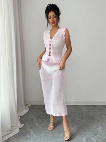 Elenzga 女士V领条纹镂空无袖毛衣两件套，夏季 - 粉色 - 查看 6