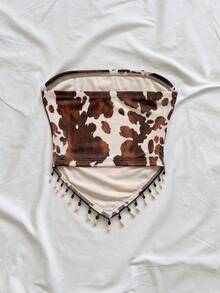 Soleia Damen Urlaubs-Strick-Trägertop mit bedrucktem Patchwork und Perlen-Kette, geeignet für Party, Weihnachten, Date, Nachtclub, Strand, Kreuzfahrt, Nachmittagstee, Bohemian, Boho, Urlaub, Herbst - Verschiedenfarbig - Übersicht 2
