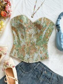 Soleia Áo croptop quây ngực kiểu cung đình cổ điển dành cho nữ, in họa tiết hoa jacquard nhiều màu sắc, có cúc và dây buộc phía sau. - màu xanh lá - Xem 3