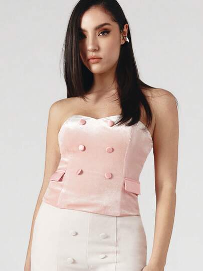  OverBlushhh 女士粉色丝绒抹胸上衣，甜心领口，无肩带，缎面细节，优雅派对婚礼宾客舞会春季款