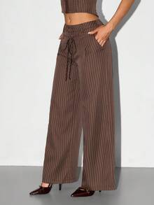 SHEIN ICON 女士通勤条纹阔腿裤 - 棕色 - 查看 6