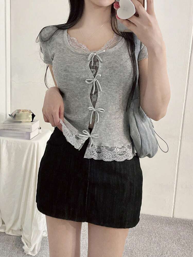 Women's Lace Patchwork Twist Design Casual Versatile Daily Wear Knit Short Sleeve Top Summer