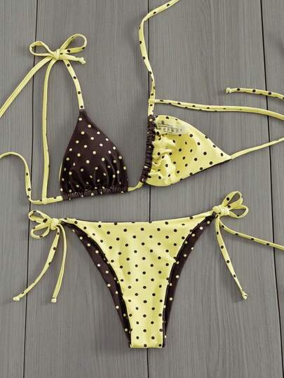  Swim Mod New Arrival Women's Elegant Cute Retro Reversible 2-Piece Bikini Set, Double-Sided Design With Lemon Yellow & Chocolate Brown Polka Dot Print, Triangle Halter Top With Adjustable Tie Bow Straps, Cheeky Side-Tie Bottoms, Retro Y2K Cottagecore Style Swimwear, Perfect For Summer Beach Vacations, Pool Parties & Tropical Island Getaways,Music Festivals Vibes
