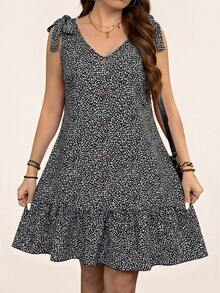 SHEIN LUNE Robes d'été grande taille pour femmes Robe courte à imprimé léopard, col V, sans manches avec nœud sur les épaules. Robes d'été décontractées pour femmes. Tenues d'été pour femmes. Robe à pois pour femmes. Robes d'été décontractées pour femmes. Robe d'été avec boutons, imprimé noir et blanc. Robe d'été sans manches - Noir et Blanc - Voir 6