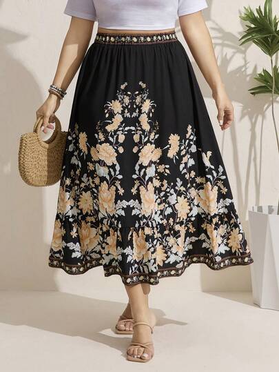 Comfylo SHEINLUNE Plus Size Women Floral Ruffle Hem Skirt, Valentine Gift, Love/Lover, Western Wear Women, Boho, Hippie, Cowgirl, Bohemian, Festival, Summer For Women, Spring Breaks, Modesty Women Summer Boho Old Money