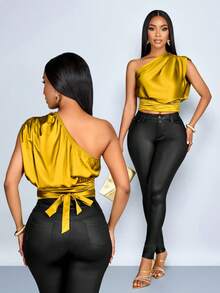 SOLERSUN Blusa de satén amarilla sexy y elegante para ir al trabajo, fiestas de primavera/verano y vacaciones. - Mostaza Amarilla - Ver 9