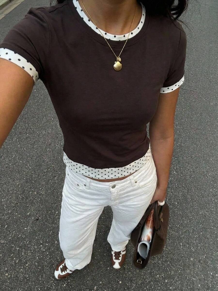 Aloruh Camiseta de manga corta casual y de uso diario con parches de punto a lunares y unicolor