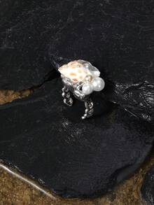 Opalesca Anillo exclusivo con concha irregular y perla con temática oceánica, premium/elegante/elegante/uso diario/minimalista, perla/cristal, verano/playa/baile de graduación/fiesta/vacaciones, compromiso/boda/promesa, novia, corazón/floral, Fairycore/Mermaidcore, chapado en oro de 18K - Plateado - Ver 7