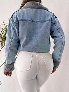 EURMUSE 100%Cotton Fuzzy Collar Flap Pocket Drop Shoulder Denim Jacket - Light Wash - View 2