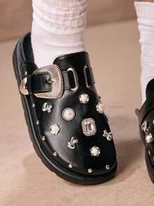 ROMWE Grunge Punk Women's Fashionable And Comfortable Black Wedge Heel & Thick Sole Oxford Shoes With Rivets Valentines,Mule Shoes - Black - View 3