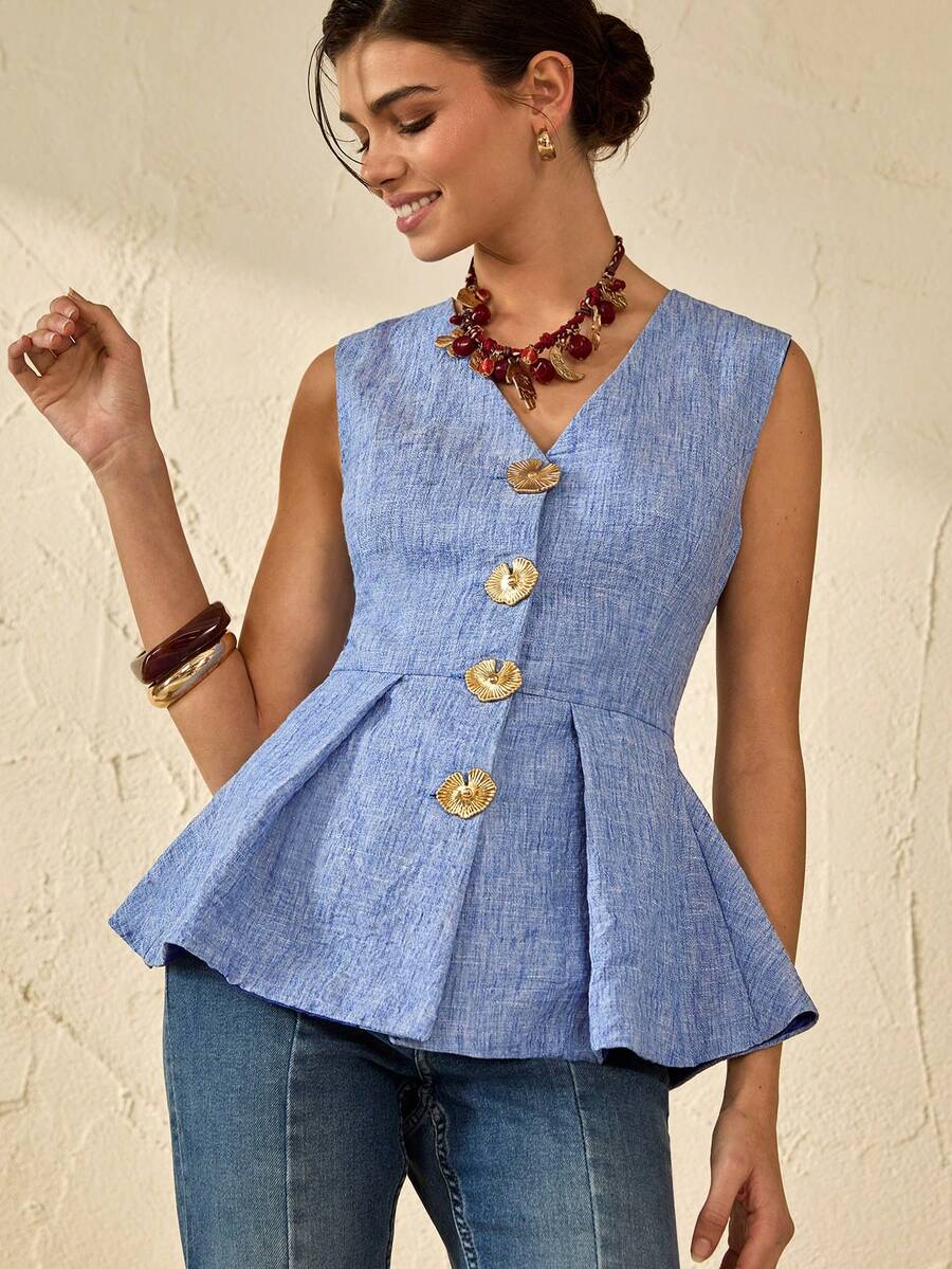 Bóhologie Gold Button Detailed Regular Fit Lightweight Blazers - Royal Blue - View 1