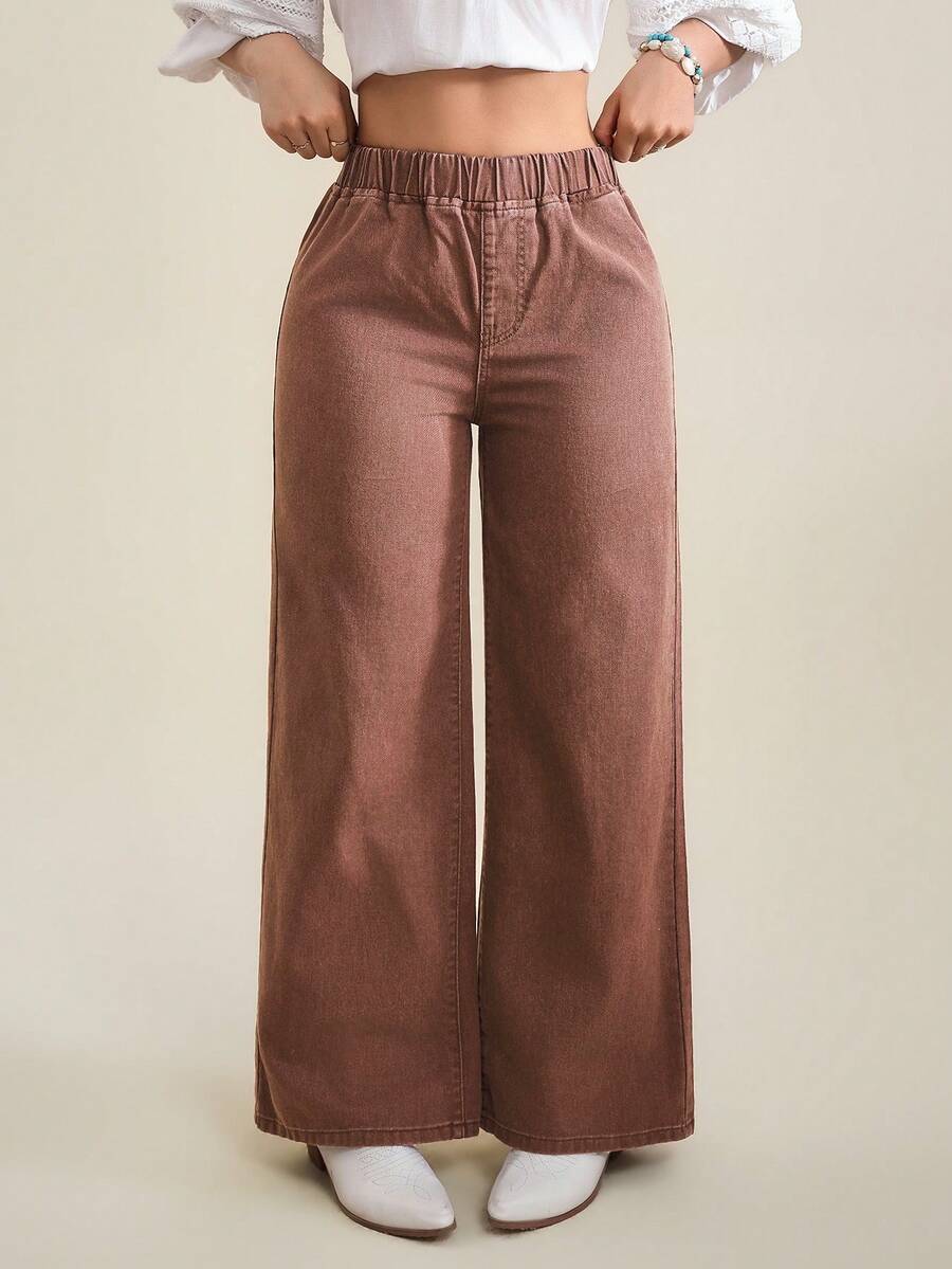 SHEIN Tall Women's Elastic Waist Wide Leg Loose Casual Denim Pants - Coffee Brown - View 1
