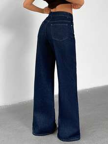 SHEIN Women Dark Blue Raw Denim High-Rise Denim Jeans - Navy Blue - View 2